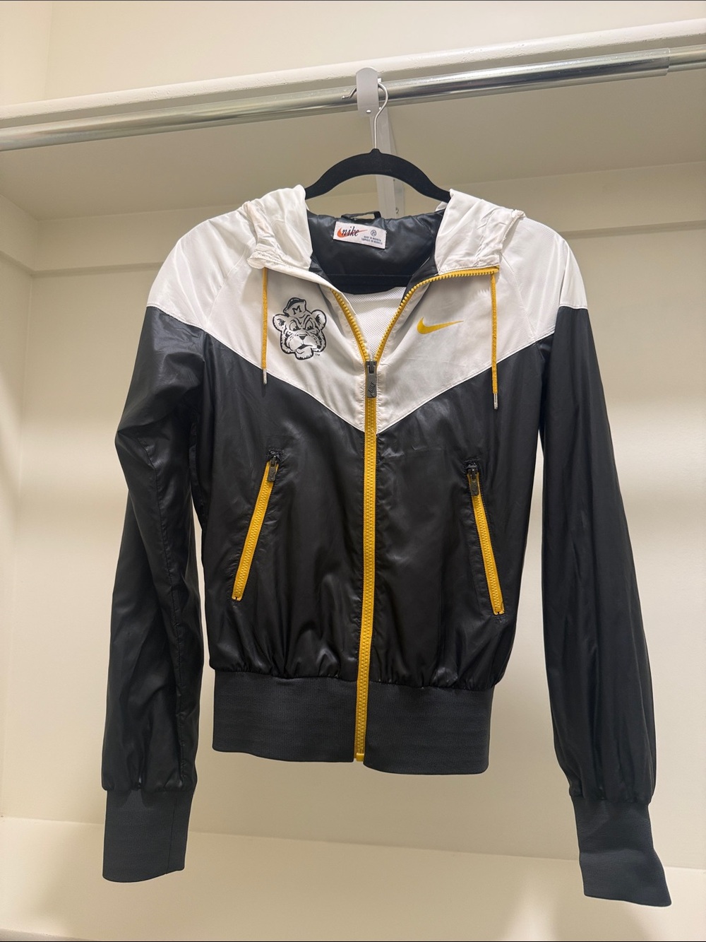 Nike Black and White Hooded Track Jacket with Yellow Trim - Vintage Mizzou